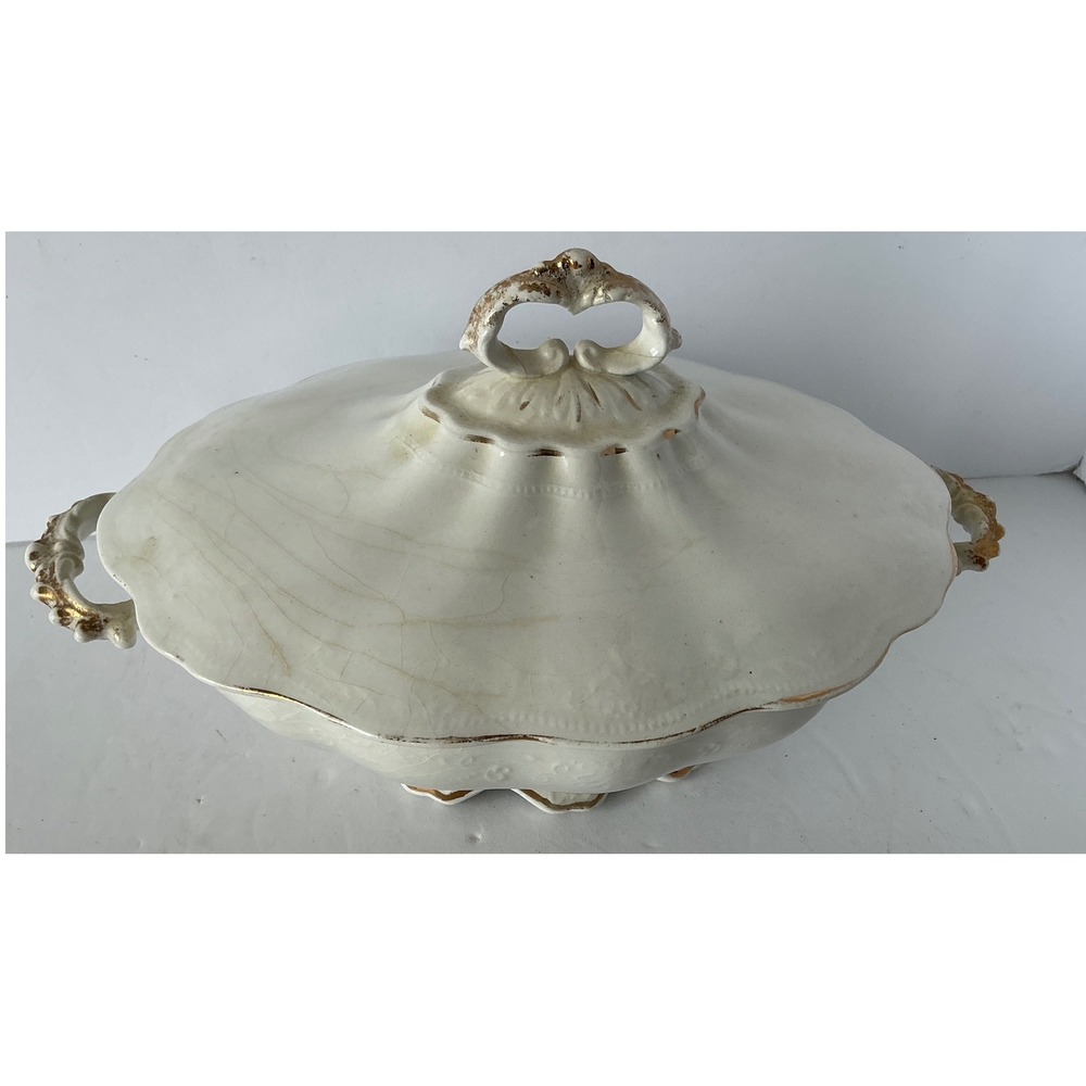 Vintage Ceramic Soup‎ Tureen Gold Trim Embossed White Large Traditional